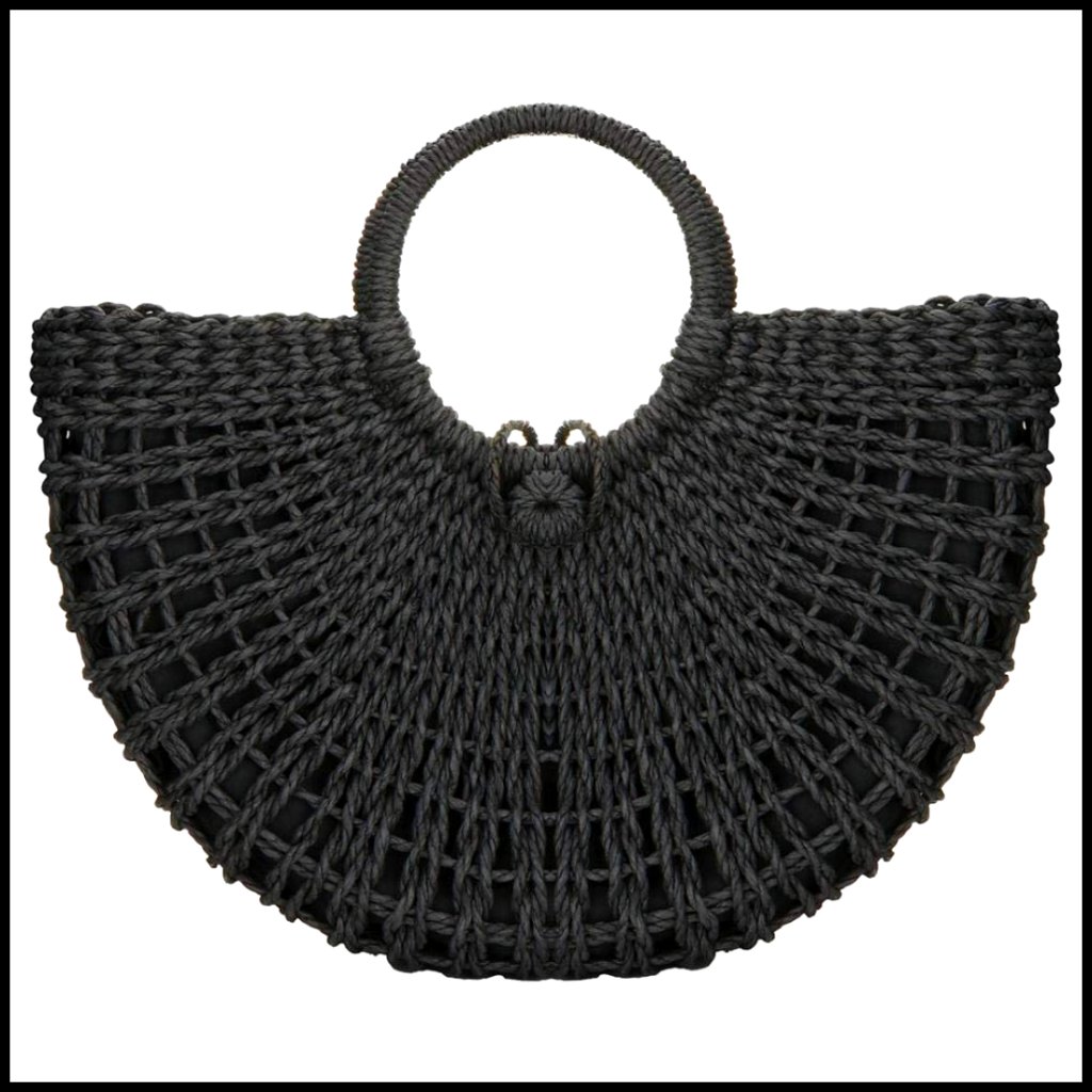 Hand-Woven Straw Tote Bag Round Ring Handle Boho Beach Summer Style